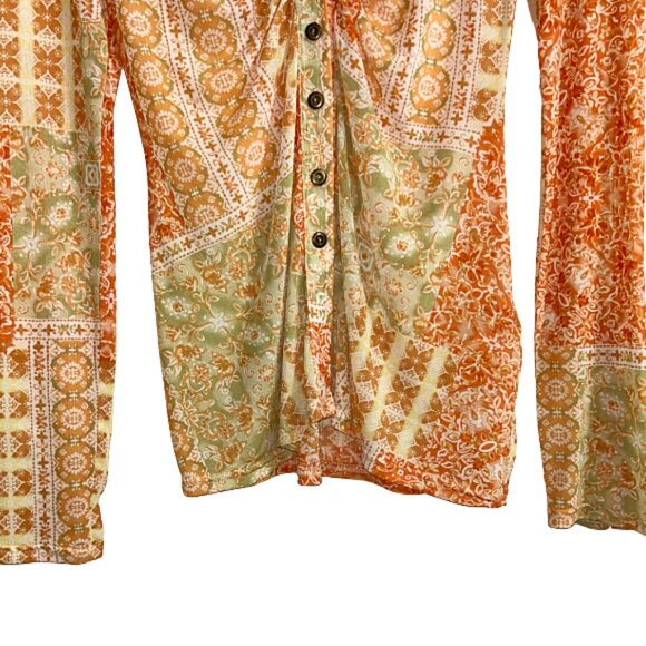 Selfie Leslie Milla Button Up Sheer Blouse Orange Long Sleeve Top Size Small - Picture 5 of 8